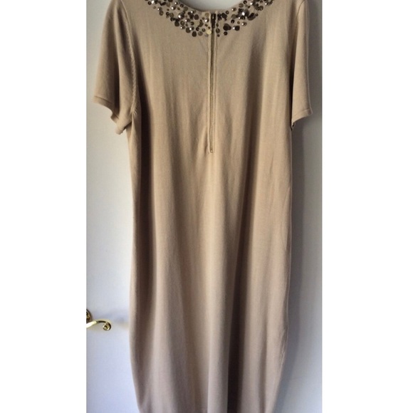 Linea Louis Dell Olio Knit Dress Gold Beaded Neck Short Sleeves - Picture 4 of 11